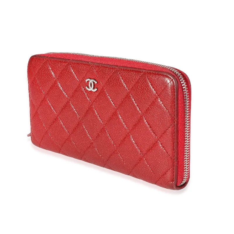 CHANEL handbags with vintage appeal -Chanel Red Quilted Caviar L-Gusset Zip-Around Wallet