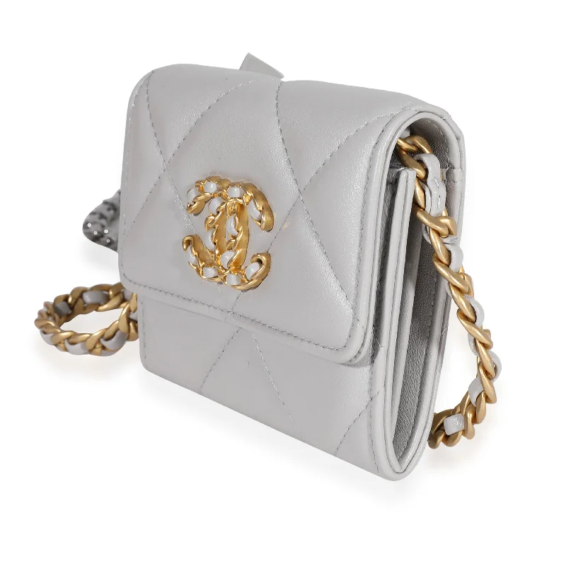 CHANEL handbags with rich, textured leather -Chanel Gray Quilted Lambskin Chanel 19 Flap Coin Purse with Chain