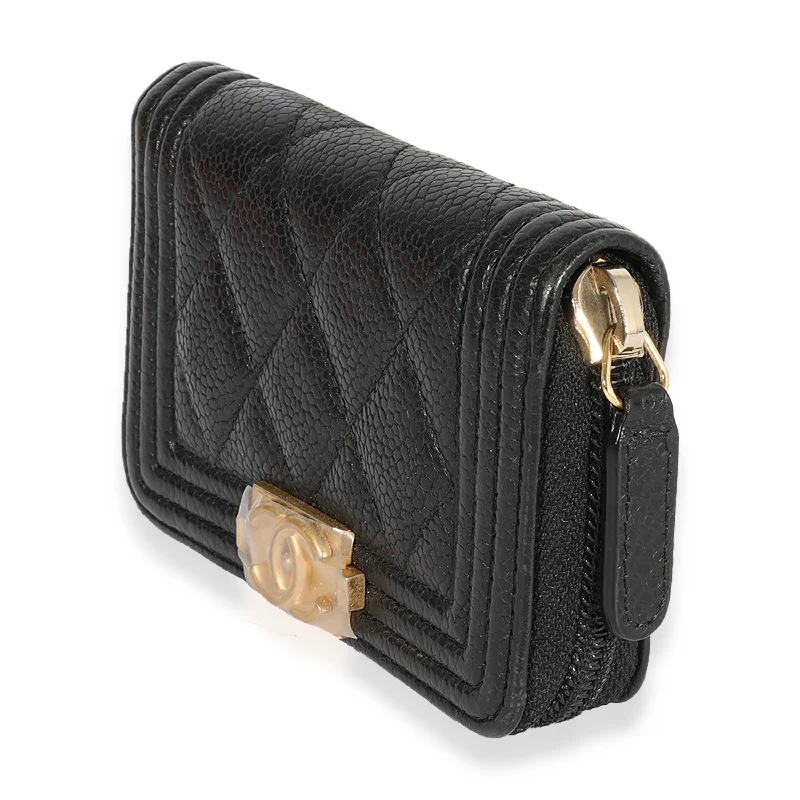 CHANEL handbags with signature fabric textures -Chanel Black Quilted Caviar Zip-Around Boy Coin Purse