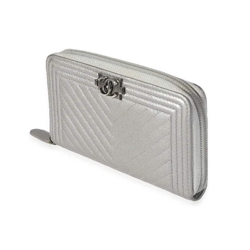 CHANEL bags for iconic statement fashion -Chanel Silver Chevron Quilted Zip-Around Boy Wallet