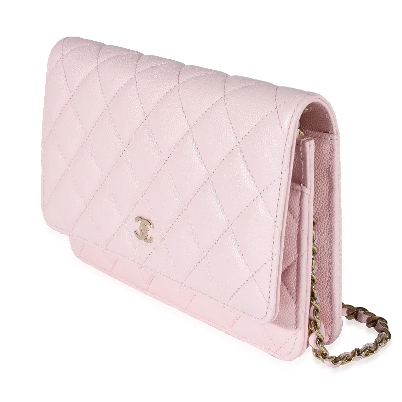 CHANEL bags with luxurious finishes -Chanel Pale Pink Quilted Caviar Wallet on Chain