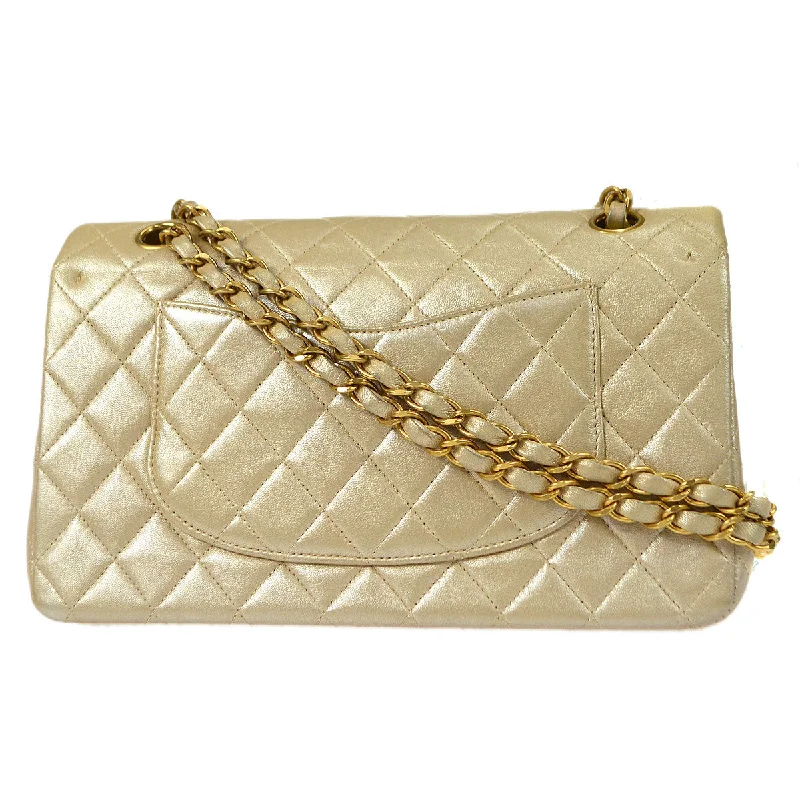 CHANEL handbags for the ultimate fashion statement -CHANEL 2000-2001 Classic Double Flap Medium Metallic Beige Lambskin