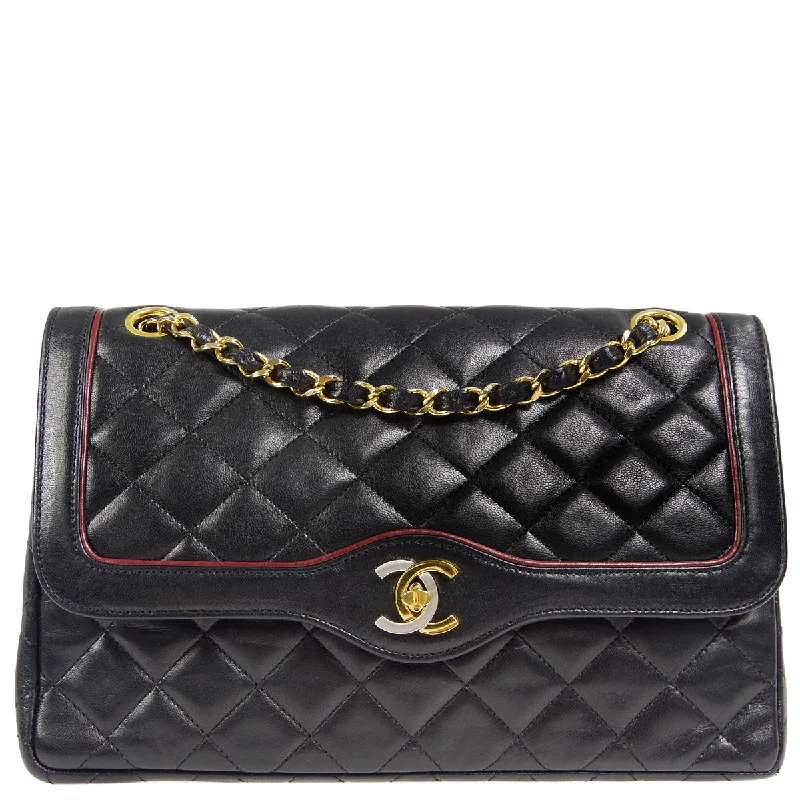 CHANEL bags for refined fashion -Chanel * Paris Limited Double Flap Medium Chain Shoulder Bag Black Bordeaux Lambskin