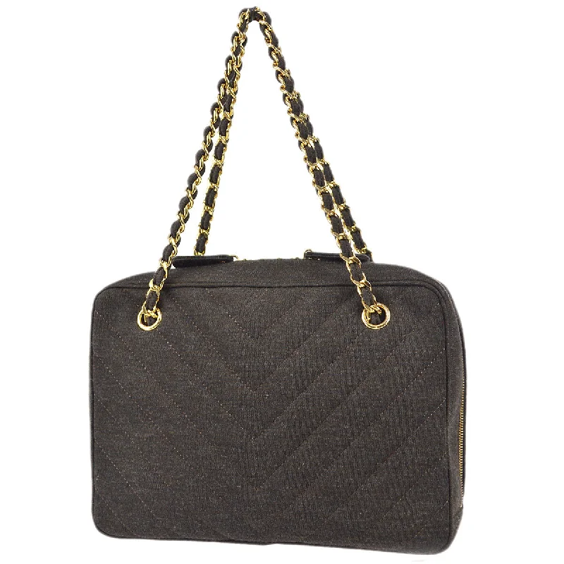 CHANEL bags with iconic, embossed logos -Chanel V Stitch Chain Handbag Dark Brown Cotton