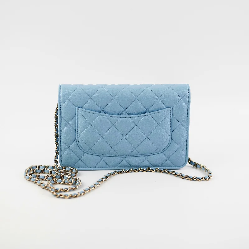 CHANEL handbags with signature finishes -Chanel Wallet On Chain WOC Caviar Light Blue  (Microchip)