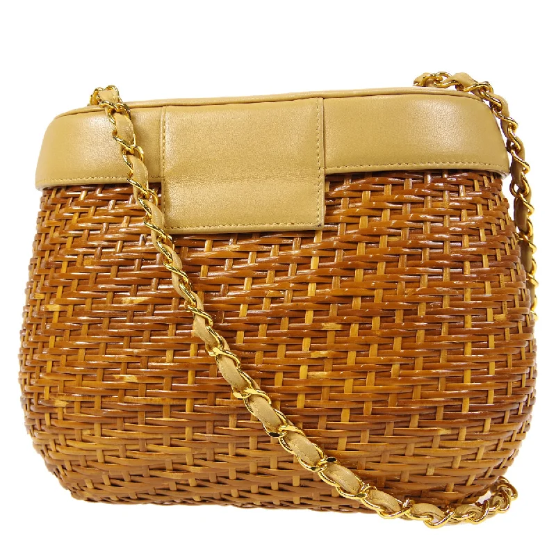 CHANEL luxury bags with intricate quilting -CHANEL Chain Basket Shoulder Bag Beige Straw