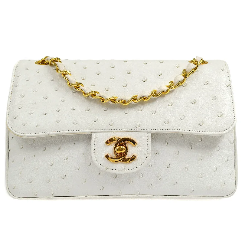 CHANEL handbags with modern gold accents -CHANEL * 1989-1991 Classic Double Flap Small White Ostrich