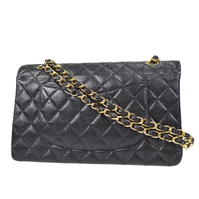 CHANEL handbags with polished leather -CHANEL 2001-2003 Classic Double Flap Medium Black Caviar