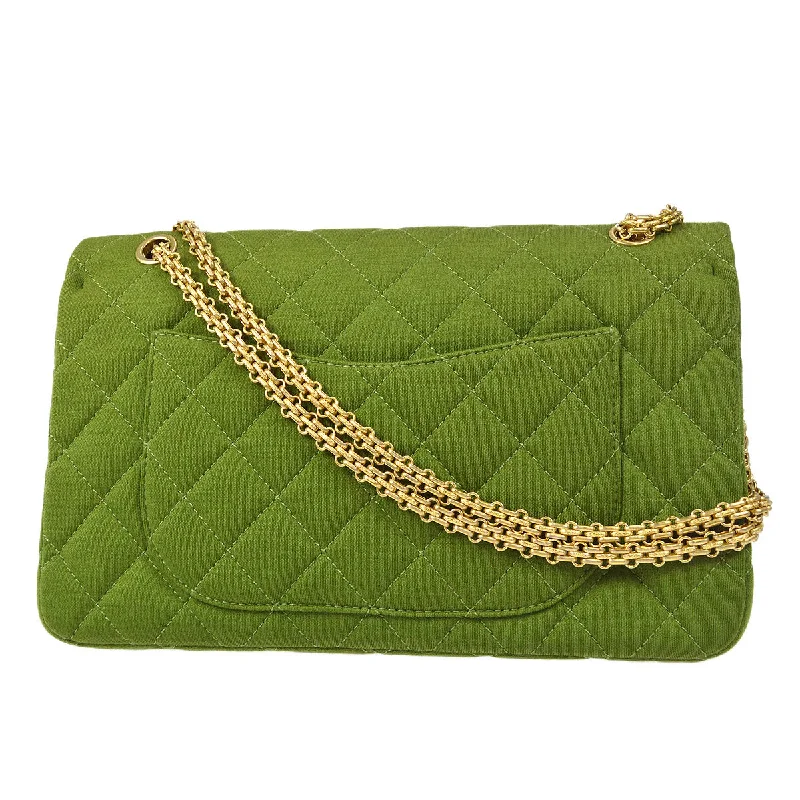 CHANEL bags with artistic detailing -CHANEL 2.55 Line Double Flap Shoulder Bag Green Cotton