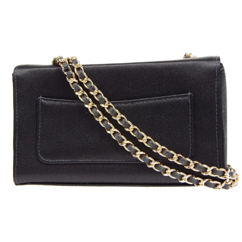 CHANEL handbags with fine chain accents -CHANEL * Double Chain Shoulder Bag Black Satin