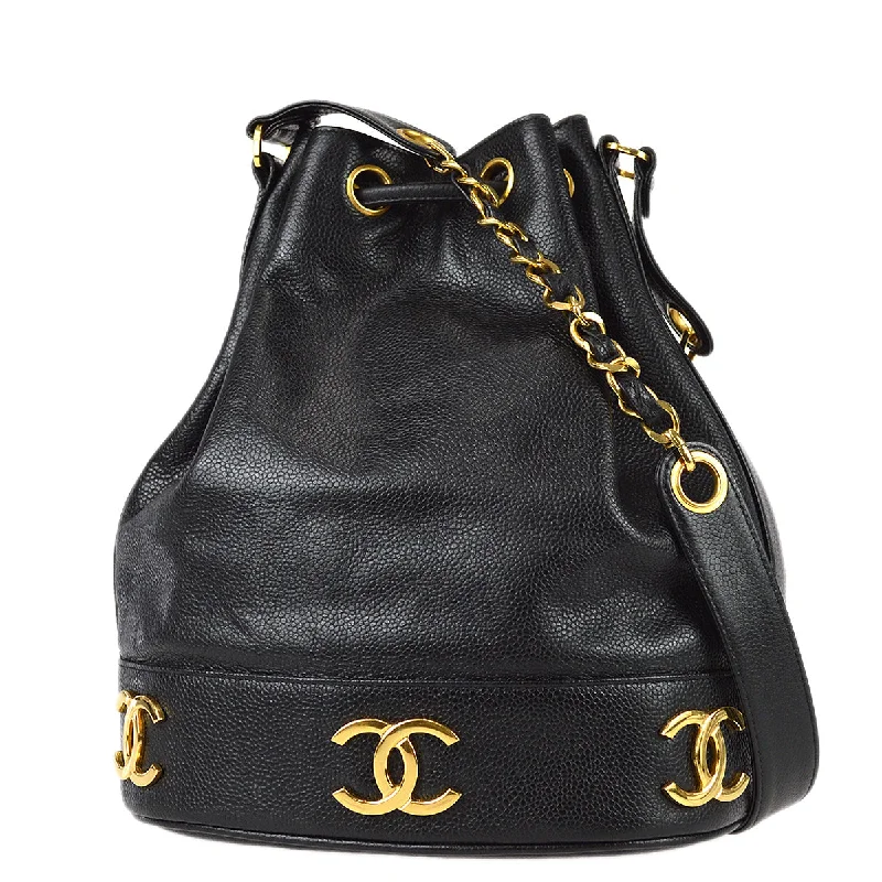 CHANEL handbags with stylish metal hardware -Chanel 1991-1994 Triple CC Bucket Shoulder Bag Black Caviar