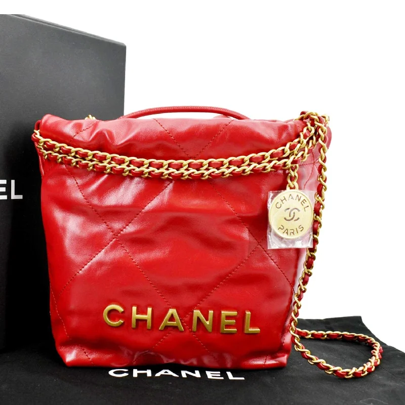 CHANEL bags with refined, elegant details -CHANEL 22 Mini Chain Shiny Calfskin Leather Shoulder Bag Red