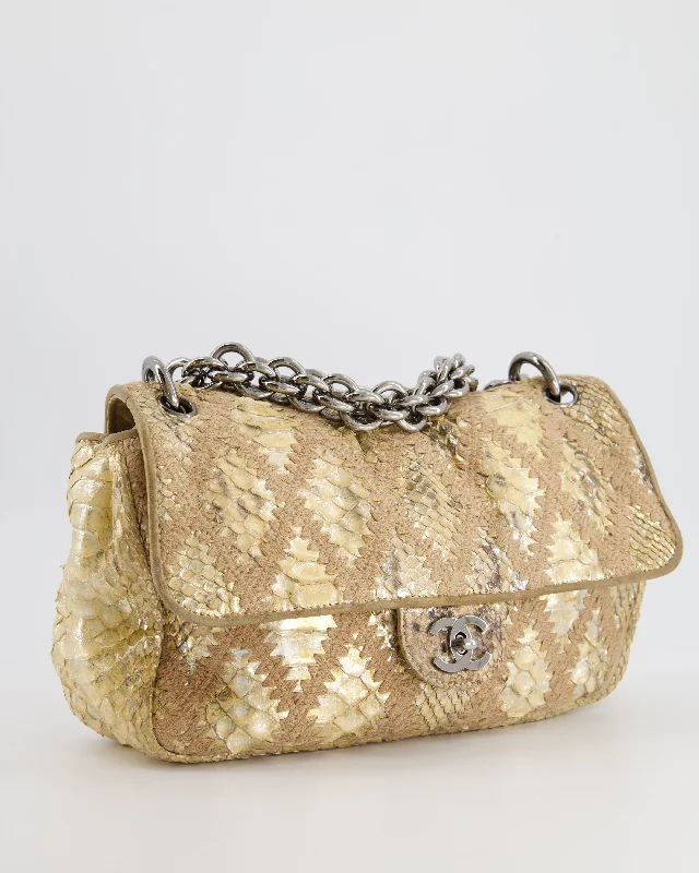 CHANEL bags with exclusive leather options -Chanel Beige and Gold Python and Crochet Flap Shoulder Bag with Ruthenium Hardware and Large Chain Strap