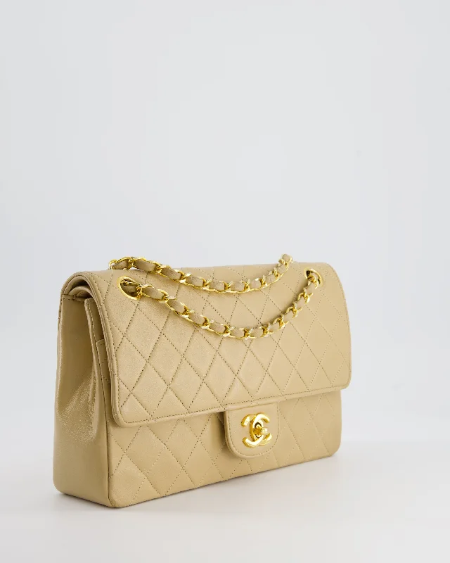 CHANEL bags for luxurious styling -Chanel Beige Vintage Classic Medium Double Flap Bag in Lambskin Leather with 24K Gold Hardware and Stitched Edge