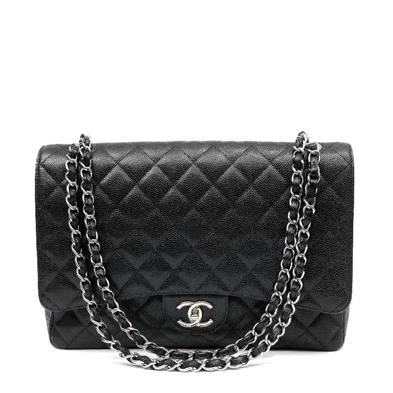 CHANEL bags with bold color options -Chanel Black Caviar Double Flap Maxi w/ Silver Hardware