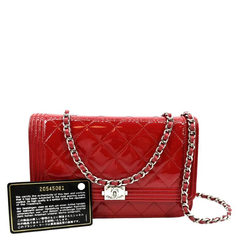 CHANEL bags with timeless elegance -CHANEL Boy Woc Wallet on Chain Quilted Patent Leather Shoulder Bag Red