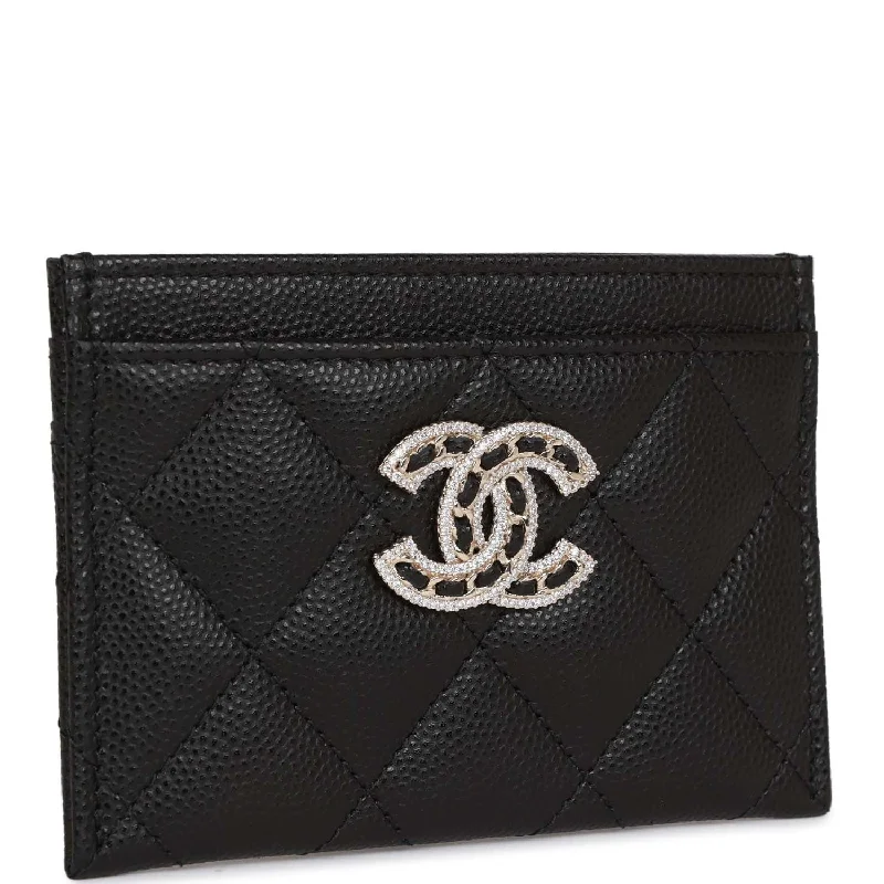 CHANEL handbags with rich leather textures -Chanel Card Holder Wallet Black Caviar Crystal and Light Gold Hardware