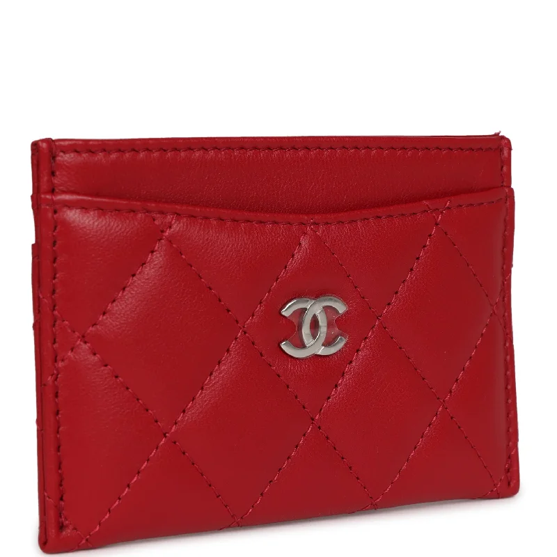 CHANEL handbags with premium stitching -Chanel Card Holder Wallet Red Lambskin Silver Hardware