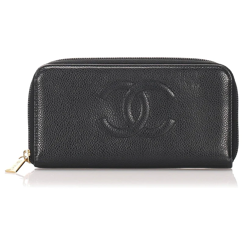 CHANEL bags with artistic detailing -Chanel CC Caviar Leather Zip Around Wallet