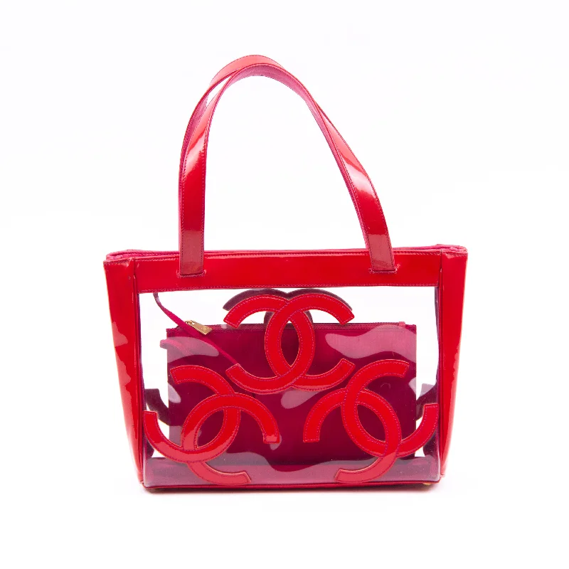 CHANEL bags with signature leather textures -Clear & Red Logo Shoulder Bag