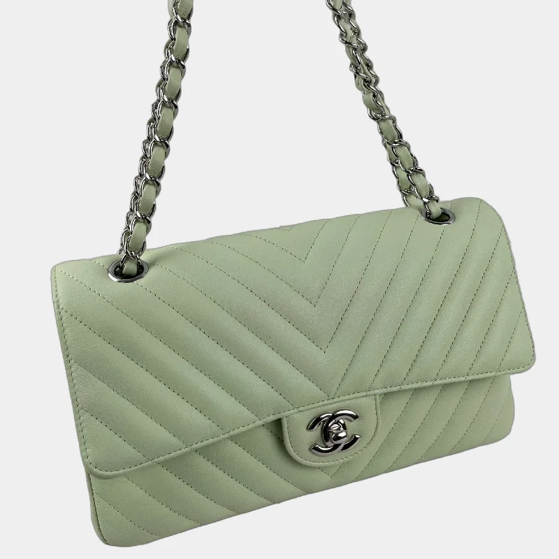 CHANEL bags with artistic detailing -CHANEL Classic Medium Chevron Double Flap Bag - Light Green