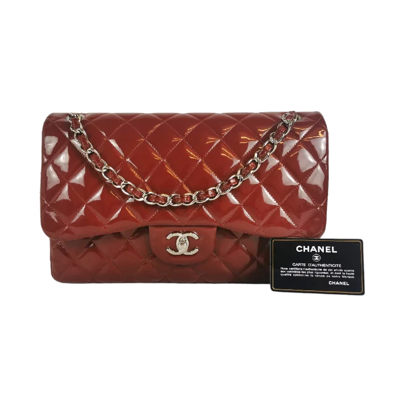 CHANEL handbags with detailed leatherwork -Chanel Classic Double Flap Jumbo Red Patent Leather Silver