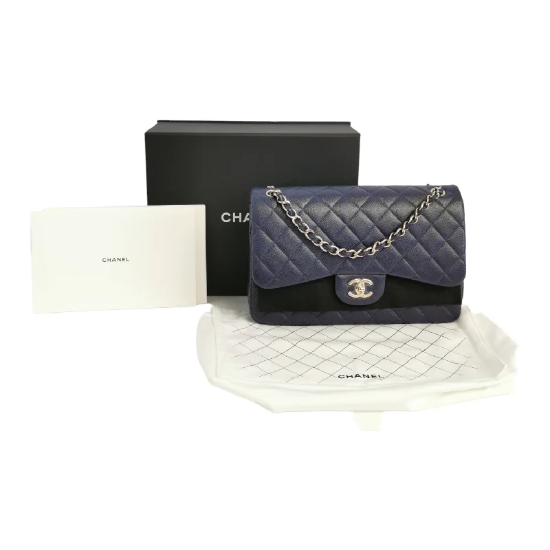 CHANEL bags with bold and chic styles -Chanel Classic Double Flap Jumbo Navy Blue Caviar Gold