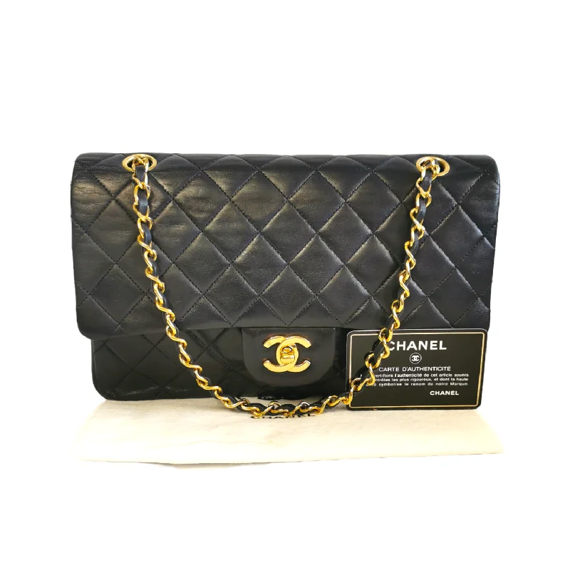 CHANEL handbags with signature fabric textures -Chanel Classic Double Flap Medium Navy Blue Lambskin Gold