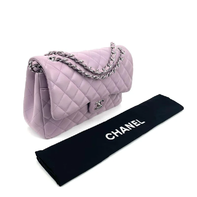 CHANEL bags with high-end metallic accents -CHANEL Classic Jumbo Double Flap Lambskin Bag- Light Purple