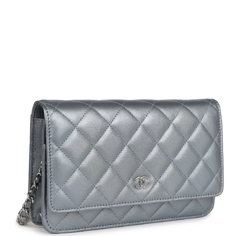 CHANEL bags with elegant leather details -Chanel Wallet On Chain WOC Silver Metallic Lambskin Silver Hardware