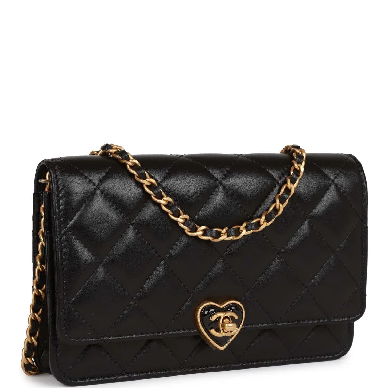 CHANEL handbags with elegant textures -Chanel Heart Wallet on Chain WOC Black Lambskin Antique Gold Hardware