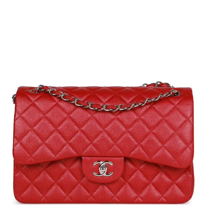 CHANEL handbags with vintage appeal -Pre-owned Chanel Jumbo Classic Double Flap Bag Metallic Red Caviar Silver Hardware