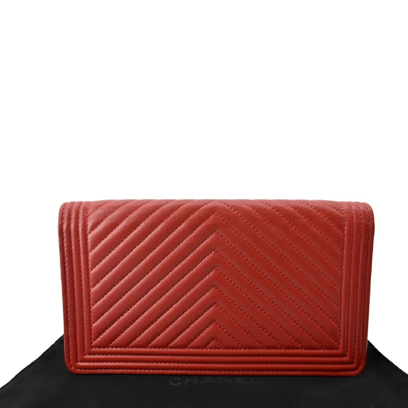 CHANEL luxury bags with intricate quilting -CHANEL Women Long Flap Chevron Leather Wallet Red