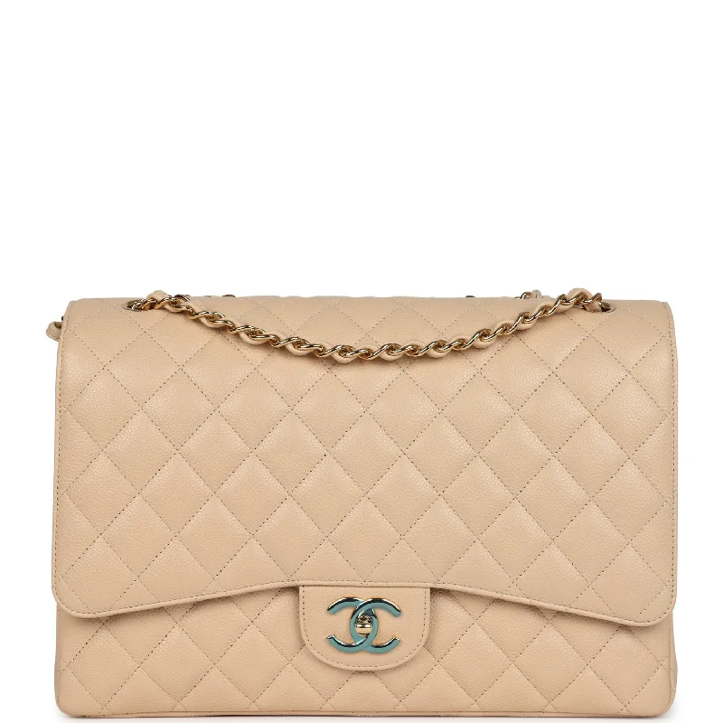 CHANEL handbags with premium fabrics -Chanel Maxi Classic Double Flap Bag Beige Caviar Gold Hardware