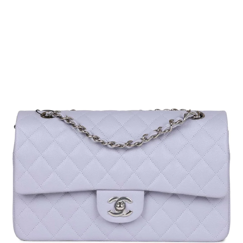 CHANEL handbags with bold detailing -Chanel Medium Classic Double Flap Lavender Caviar Silver Hardware