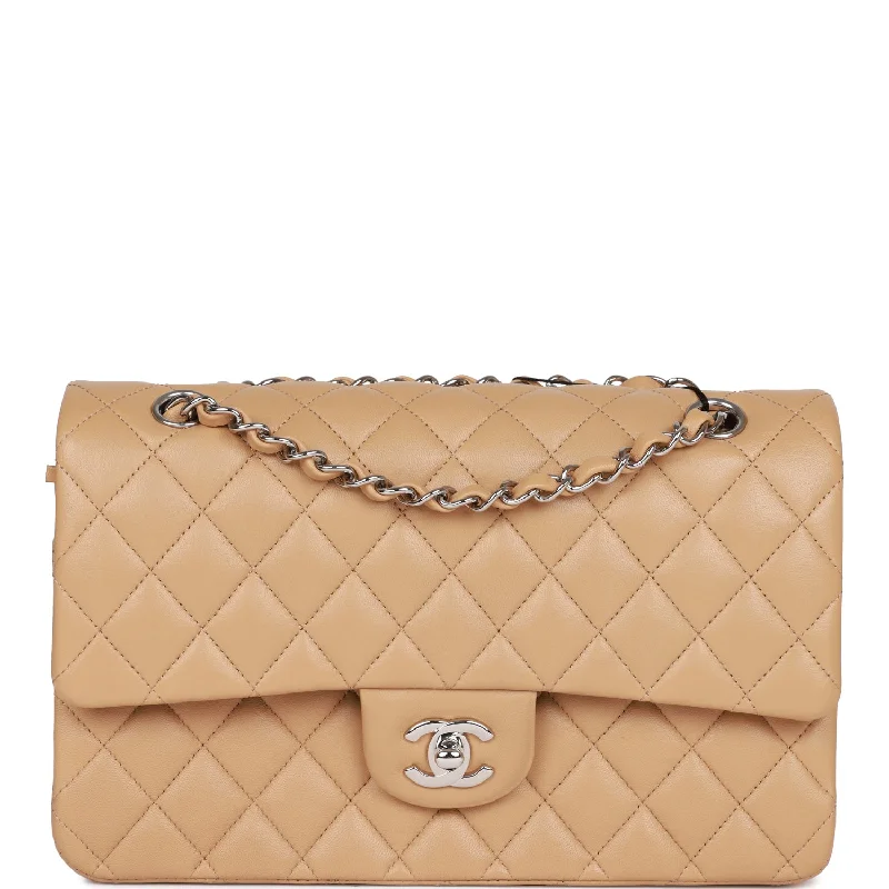 CHANEL handbags with rich leather textures -Chanel Medium Classic Double Flap Bag Beige Lambskin Silver Hardware