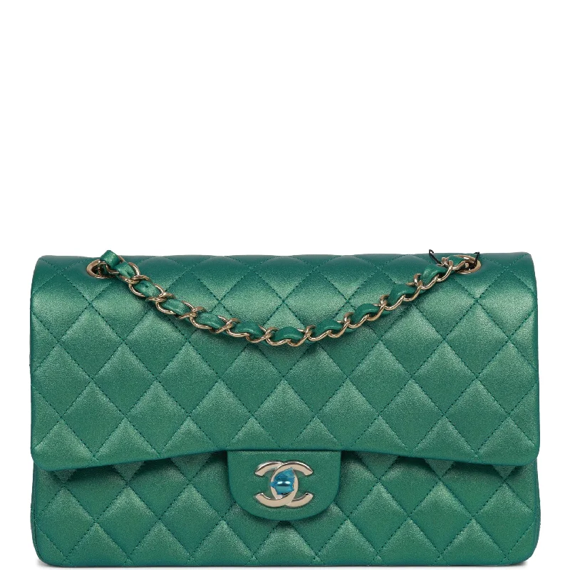 CHANEL handbags with sleek leather designs -Chanel Medium Classic Double Flap Bag Green Iridescent Lambskin Light Gold Hardware