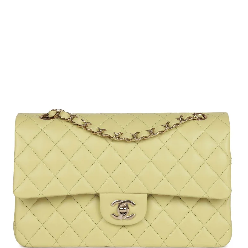 CHANEL bags with refined, elegant details -Chanel Medium Classic Double Flap Bag Light Green Lambskin Light Gold Hardware