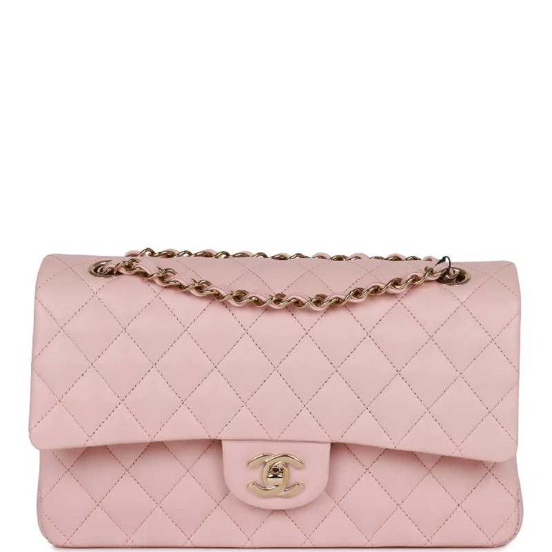 CHANEL handbags with signature chain details -Chanel Medium Classic Double Flap Bag Light Pink Lambskin Light Gold Hardware