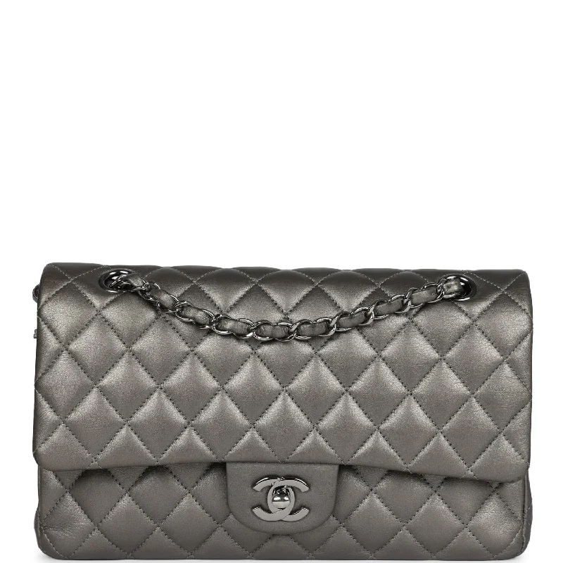 CHANEL bags for timeless elegance -Pre-owned Chanel Medium Classic Double Flap Bag Metallic Grey Lambskin Silver Hardware