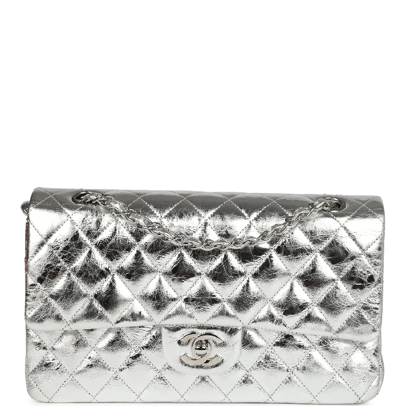 CHANEL bags with exclusive patterns -Chanel Medium Classic Double Flap Bag Metallic Silver Aged Calfskin Silver Hardware