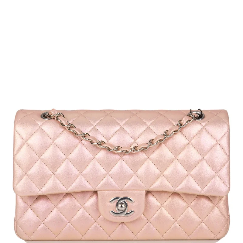 CHANEL handbags with polished finishes -Chanel  Medium Classic Double Flap Bag Pink Iridescent Lambskin Silver Hardware