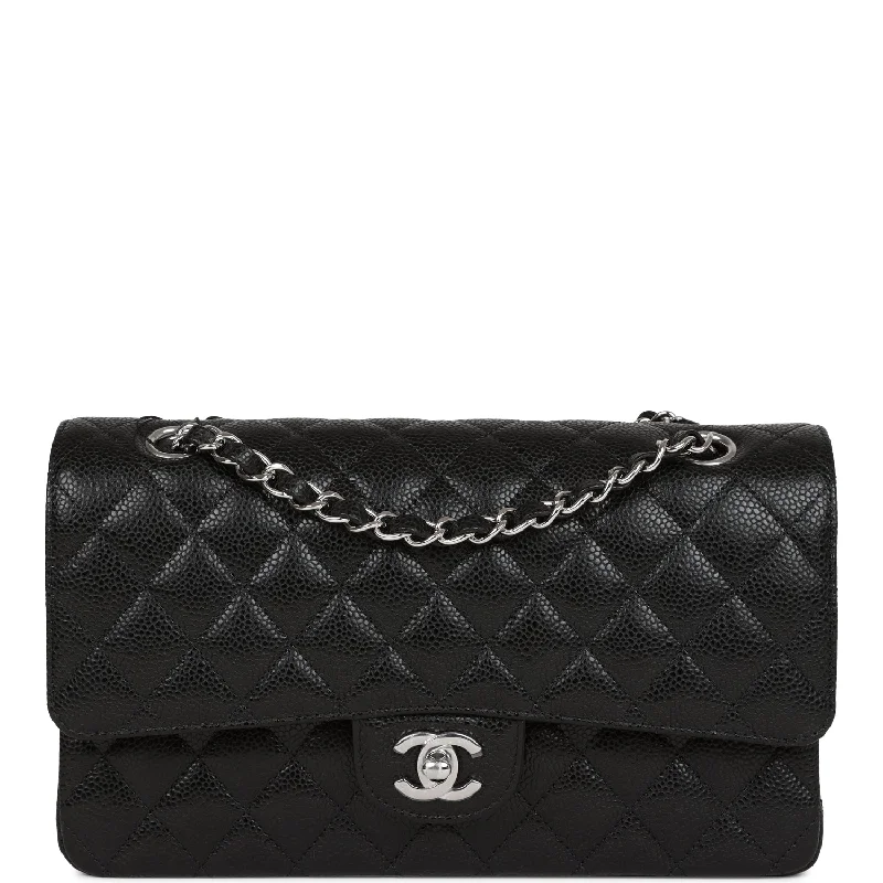 CHANEL bags with iconic, embossed logos -Chanel Medium Classic Double Flap Black Caviar Silver Hardware