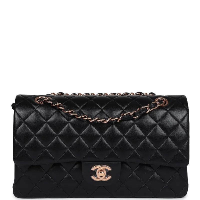 CHANEL bags with structured designs -Chanel Medium Classic Double Flap Black Lambskin Rose Gold Hardware