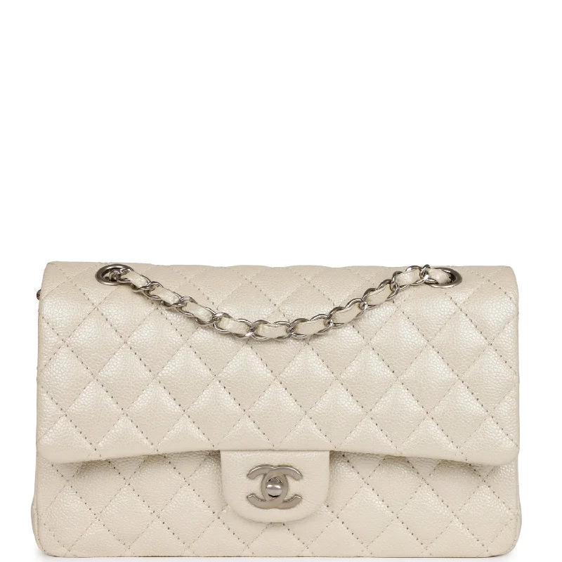 CHANEL luxury handbags with exclusive designs -Pre-owned Chanel Medium Classic Double Flap Pearlescent Ivory Caviar Brushed Silver Hardware