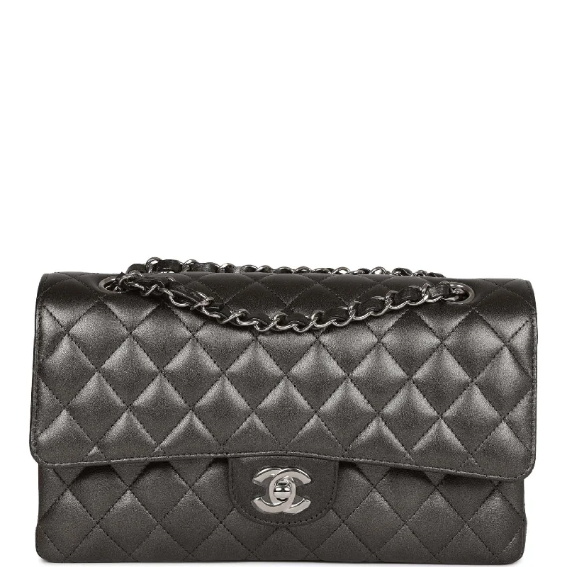 CHANEL handbags with chic design features -Chanel Medium Classic Double Flap Bag Metallic Grey Lambskin Silver Hardware