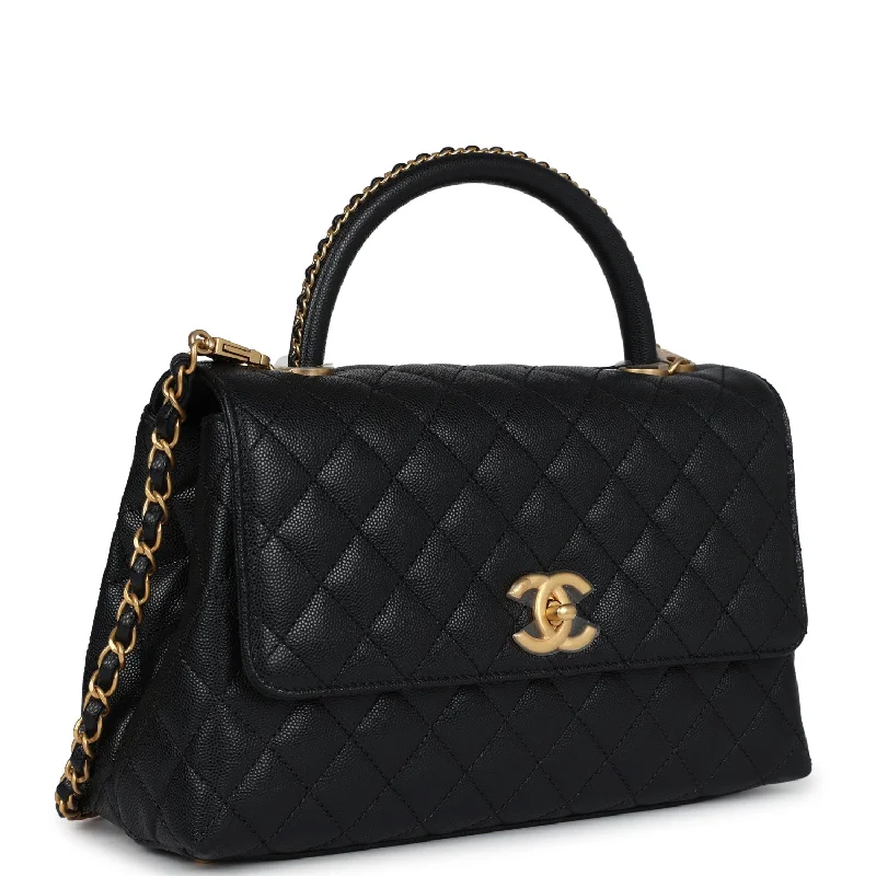 CHANEL handbags with elegant leather finishes -Chanel Medium Coco Top Handle Black Chevron Caviar Brushed Gold Hardware