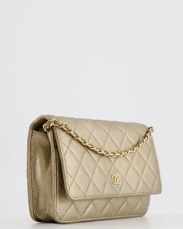 CHANEL bags with exclusive embellishments -Chanel Metallic Gold Wallet on Chain Bag in Lambskin Leather with Gold Hardware