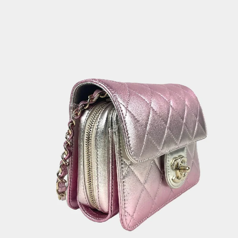 CHANEL bags with high-end metallic accents -CHANEL Metallic Lambskin Like A Wallet Flap Golden Pink