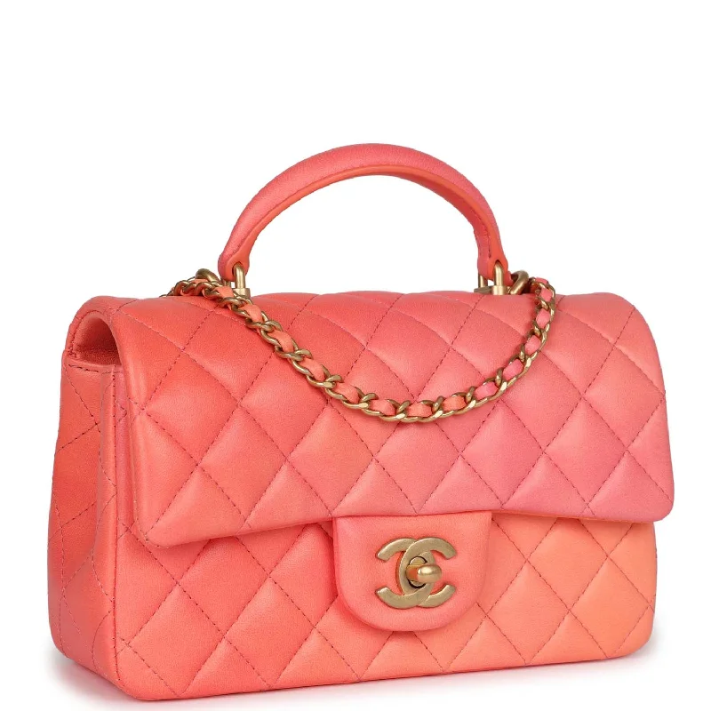 CHANEL bags with classic leather finishes -Chanel Mini Rectangular Top Handle Coral Ombre Lambskin Aged Gold Hardware